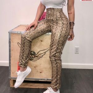 Taupe Faux Leather Snake Print Slim Leg Pants